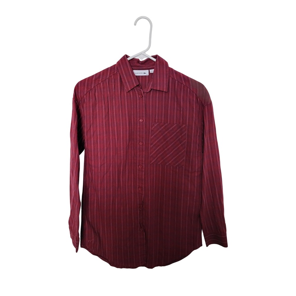 Lacoste Button Down Shirt Womens 32 Burgundy Pinstripe Long Sleeve Cotton Blend